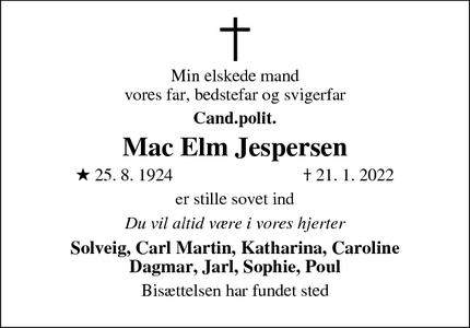 Dødsannoncen for Mac Elm Jespersen - Viborg