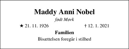Dødsannoncen for Maddy Anni Nobel - Holte