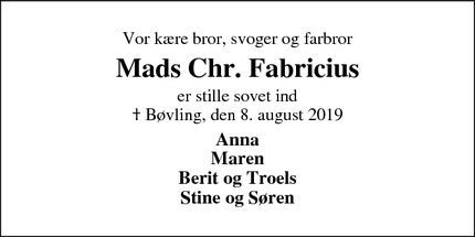 Dødsannoncen for Mads Chr. Fabricius - Bøvlingbjerg
