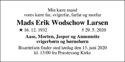 Dødsannoncen for Mads Erik Wodschow Larsen - Hillerød