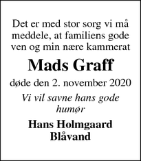Dødsannoncen for Mads Graff - Blåvand