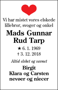 Dødsannoncen for Mads Gunnar Rud Tarp - Esbjerg