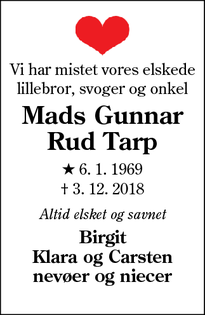Dødsannoncen for Mads Gunnar Rud Tarp - Esbjerg