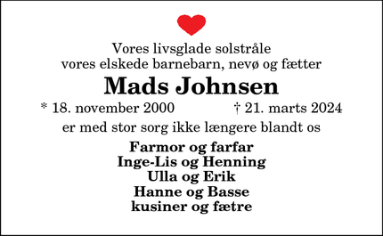 Dødsannoncen for Mads Johnsen - Hvidbjerg Thyholm