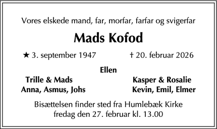 Dødsannoncen for Mads Kofod - Humlebæk
