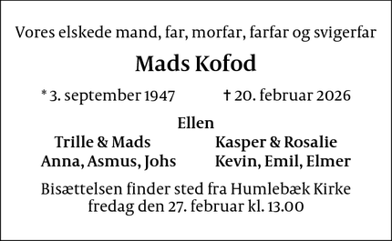 Dødsannoncen for Mads Kofod - Humlebæk