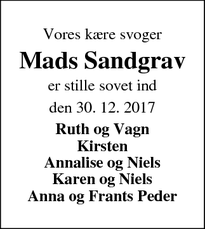 Dødsannoncen for Mads Sandgrav - Lemvig