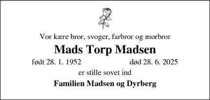 Dødsannoncen for Mads Torp Madsen - Nørager