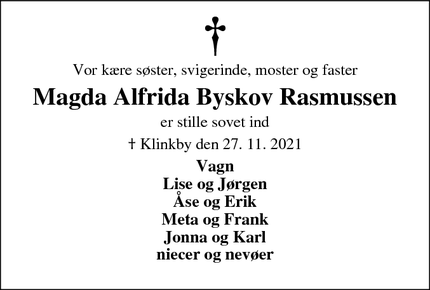 Dødsannoncen for Magda Alfrida Byskov Rasmussen - Klinkby