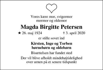 Dødsannoncen for Magda Birgitte Petersen - Slagelse