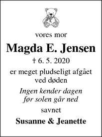 Dødsannoncen for Magda E. Jensen  - Helsingør