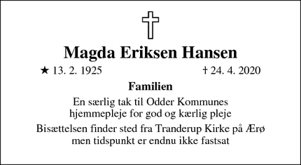 Dødsannoncen for Magda Eriksen Hansen - Odder 