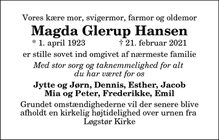 Dødsannoncen for Magda Glerup Hansen - Farsø