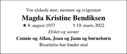 Dødsannoncen for Magda Kristine Bendiksen - Egtved