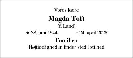 Dødsannoncen for Magda Toft - Herning