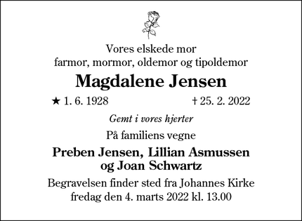 Dødsannoncen for Magdalene Jensen - Frederiksværk