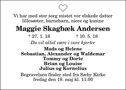 Dødsannoncen for Maggie Skagbæk Andersen - Frederikshavn