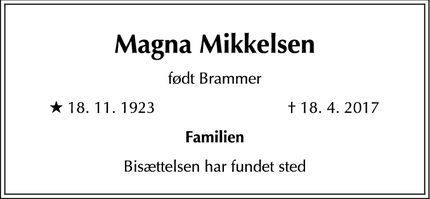 Dødsannoncen for Magna Mikkelsen - Gentofte