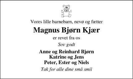 Dødsannoncen for Magnus Bjørn Kjær - Ribe