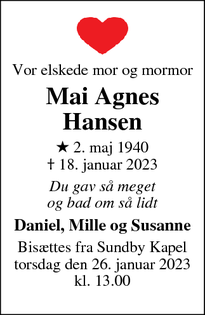 Dødsannoncen for Mai Agnes
Hansen - Tårnby
