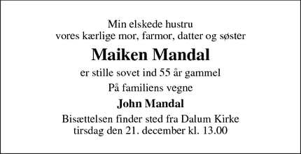 Dødsannoncen for Maiken Mandal - Odense