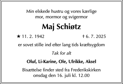 Dødsannoncen for Maj Schiøtz - Århus