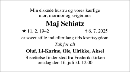 Dødsannoncen for Maj Schiøtz - Århus