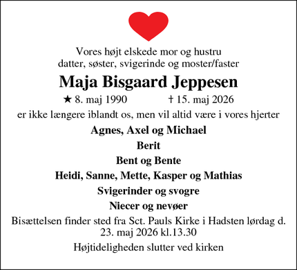 Dødsannoncen for Maja Bisgaard Jeppesen - Thisted
