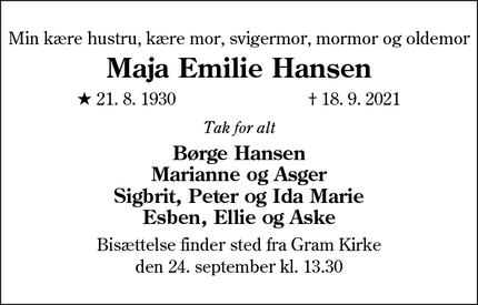 Dødsannoncen for Maja Emilie Hansen - Bøvlingbjerg