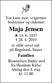Dødsannoncen for Maja Jensen - Humlum