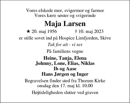 Dødsannoncen for Maja Larsen - Viborg