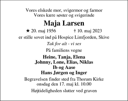 Dødsannoncen for Maja Larsen - Viborg