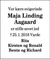 Dødsannoncen for Maja Linding Aagaard - Varde