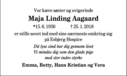 Dødsannoncen for Maja Linding Aagaard - Varde