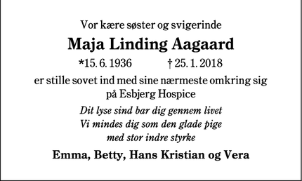 Dødsannoncen for Maja Linding Aagaard - Varde