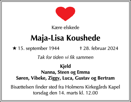 Dødsannoncen for Maja-Lisa Koushede - København Ø