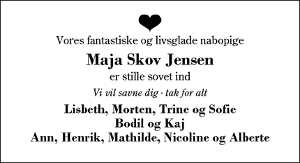 Dødsannoncen for Maja Skov Jensen - Sdr. Felding 