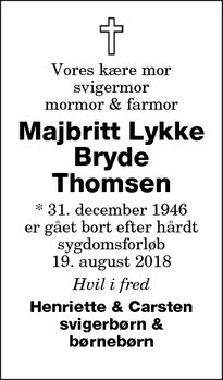 Dødsannoncen for Majbritt Lykke Bryde Thomsen - Nykøbing Falster