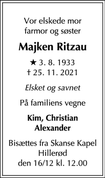 Dødsannoncen for Majken Ritzau - Fredensborg