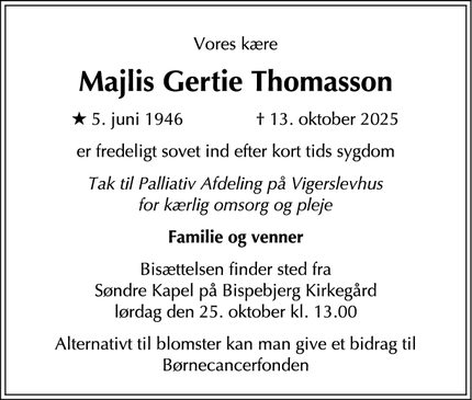 Dødsannoncen for Majlis Gertie Thomasson - København