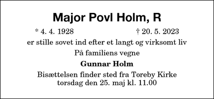 Dødsannoncen for Major Povl Holm, R - Sundby