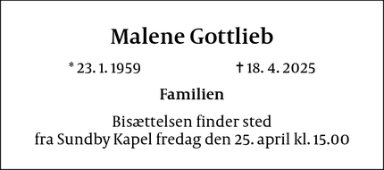 Dødsannoncen for Malene Gottlieb - Tårnby