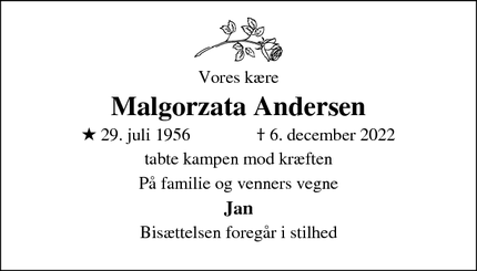 Dødsannoncen for Malgorzata Andersen - Hårlev