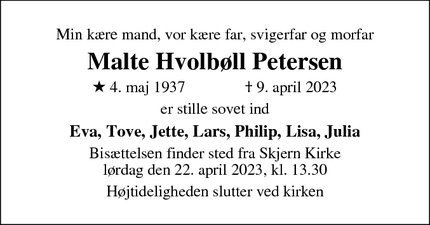 Dødsannoncen for Malte Hvolbøll Petersen - Skjern