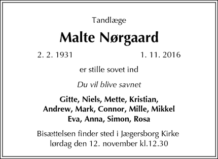 Dødsannoncen for Malte Nørgaard - Charlottenlund