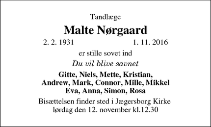 Dødsannoncen for Malte Nørgaard - Charlottenlund