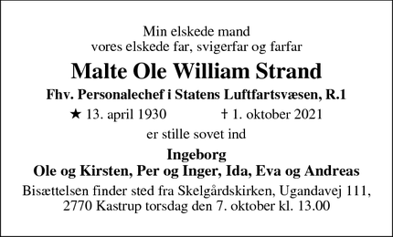 Dødsannoncen for Malte Ole William Strand - Hillerød