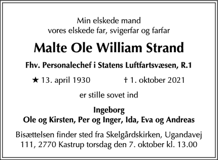 Dødsannoncen for Malte Ole William Strand - Hillerød