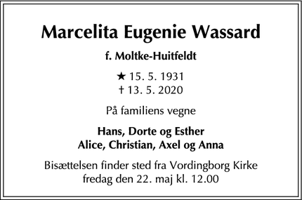 Dødsannoncen for Marcelita Eugenie Wassard - Klampenborg