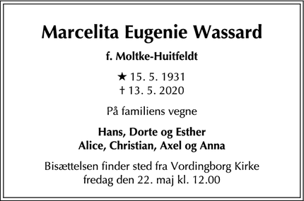 Dødsannoncen for Marcelita Eugenie Wassard - Klampenborg
